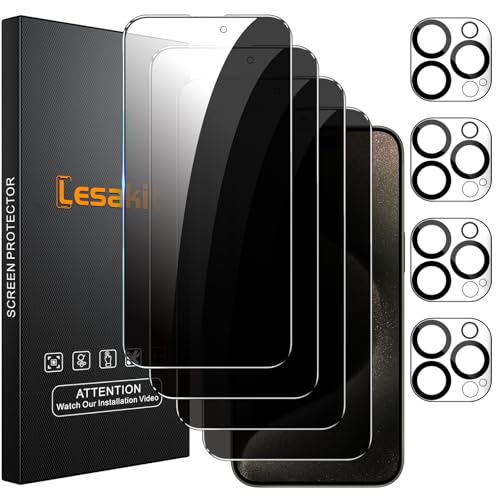 Lesakit [4+4 Stück Panzerglas Sichtschutz für iPhone 15 Pro Max mit Kameraschutz, Full Screen, 9H Härte, Anti-Kratzer, B...