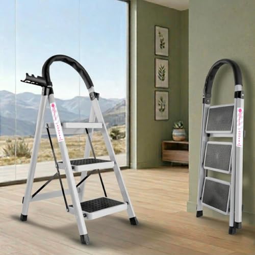 Image of Casa Copenhagen White 3 Step Ladder for Home Use with Built-in Tool Tray | Heavy Duty D Shape Rods | Ultra Large Platform | Wide Rubber Feet | 150Kg Capacity Foldable Ladder - 7 Years Warranty