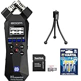 Zoom H1essential 2-Track 32-Bit Float Portable Audio Recorder Bundle with SanDisk 32GB Memory Card with SD Adapter, Varta High Energy AAA 4 Pack and Magnus SnapPod Compact Tabletop Tripod