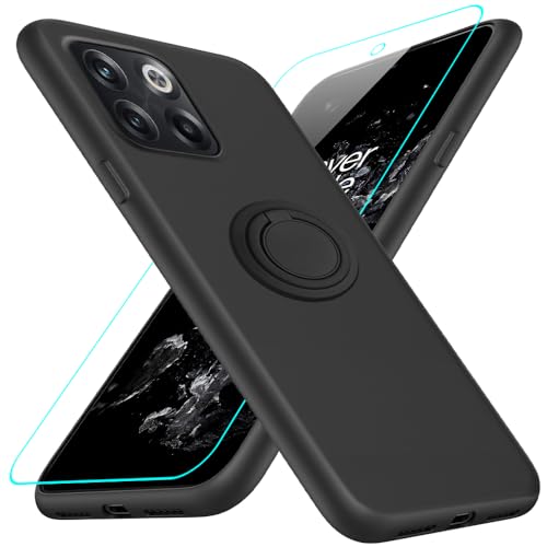 Capa para celular OnePlus 10T 5G (2022) com protetor de tela de vidro, suporte de anel giratório de 360° magnético/suporte de silicone TPU à prova de choque capa protetora para Oneplus 10T - preta