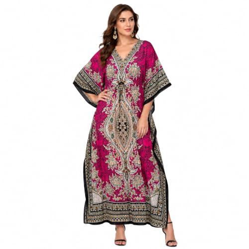 Art of Creation Kaftan Long pour Femme - Robe Longue de Style Kimono pour Femme - Taille Standard à Grande Taille, Rose, Taille Unique