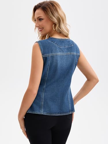 Women's Casual Denim Vest V Neck Patch Pockets Button Down Sleeveless Jean Jacket4