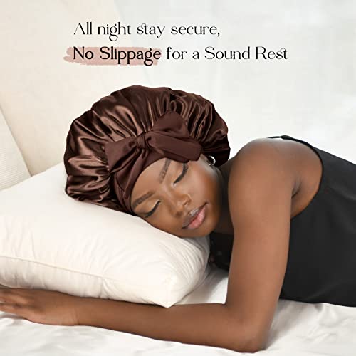YANIBEST Silk Bonnet for Sleeping Women Satin Bonnet Double Layer Satin Lined Hair Bonnet with Tie Band Curly Hair Brown