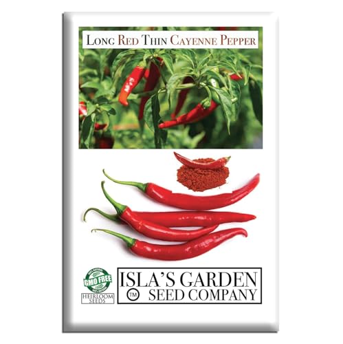 Long Red Thin Cayenne Pepper Seeds (Capsicum annuum)– 125+ Non-GMO Heirloom Seeds by Isla’s Garden Seeds, Spicy Hot Chili Peppers for Drying, Cooking, Containers, Great Garden Gift Idea