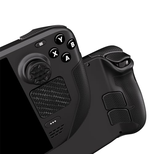 Image of PlayVital Premium Split Handle Grips Soft Rubber Grip Pads for Steam Deck LCD & OLED, Trackpads Skin Grip Trigger Back Button Grip Stickers Set with Thumb Grip Caps - Hexagonal Diamond Textured Black