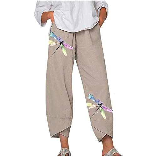 Vrvtoov Cropped Pants For Women Casual Summer Loose Fit Elastic Waist Trousers Cute Dragonfly Graphic Pant With Pockets Beige #TOP17