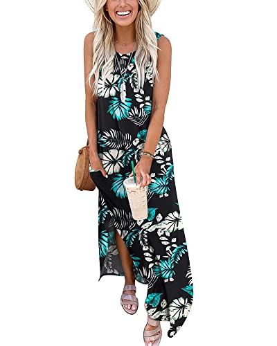 AUSELILY Women Summer Maxi Dresses Casual Sleeveless Long Dress Maxi Beach Cover Ups Dress with Pockets Leaf Blue L