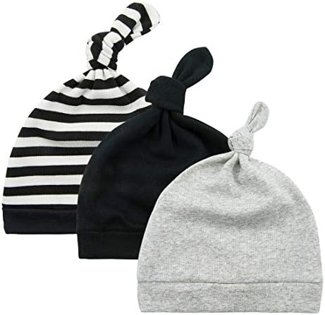 Durio Baby Hats Knot Baby Beanie Newborn Baby Boy Hat Soft Baby Girl Beanies Gifts for Baby Newborn Fall Winter Caps 3 Pack Black & Grey & Stripes One Size Fits 0-6 Months