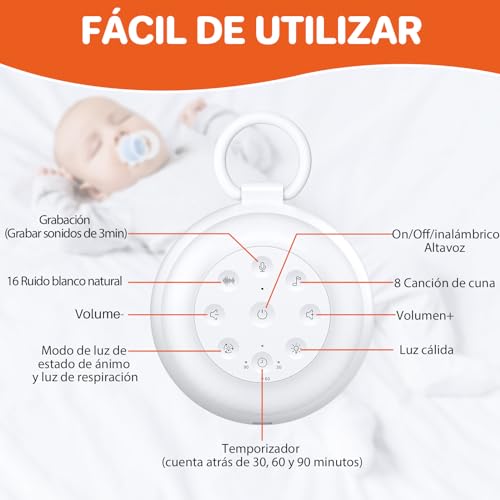 Miniatura 8 de Funykich Máquina De Ruido Blanco Portátil Con 24 Sonidos Máquina De Domir Para Bebé Con Función De Memoria Y Grabación Luz Nocturna Y Luz Coloridos Ajustable Batería Recargable Para Bebé Niño O Adulto