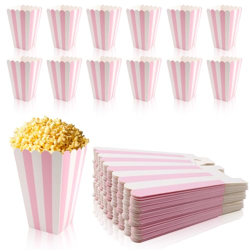Boîtes à pop-corn rayées rose pastel en papier 250 g/m², lot de 16