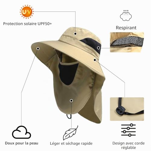 PIWOSGOL 2 Chapeau Anti UV Soleil Homme Femme, Chapeau Randonnée Ete Couvre Nuque, Chapeau Pêche Respirant et Pliable, Protection UV, Taille Réglable, Amovible – vue 2