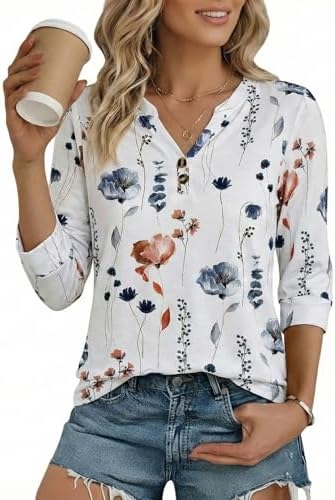 Cuptacc Tshirt Damen Sommer V-Ausschnitt 3/4 Arm Oberteil Elegante Business | Freizeit,Alltag,Fashion,Locker,Atmungsaktiv,Klassisch,V-Ausschnitt,3/4 Ärmel,Figurschmeichelnd,Knopfle