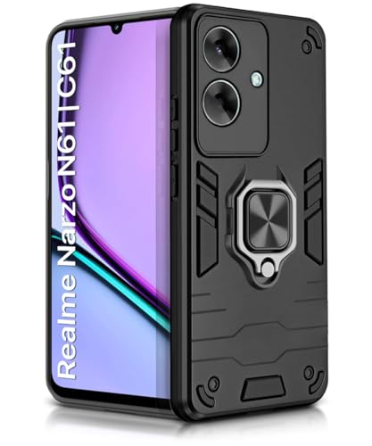 Image of WOW IMAGINE Shock Proof Back Case Mobile Cover for Realme Narzo N61 | Realme C61 (Tough Armor | Hybrid PC + TPU | Full Protection with Ring Holder & in-Built Kickstand | Black)