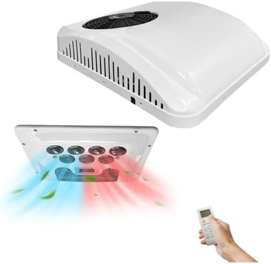 Aire acondicionado de 12 V para RV en la azotea, 8000 BTU con calefacción, enfriamiento rápido y calor, unidad de CA de 12 voltios ultradelgada, de perfil bajo, ultra silenciosa, sin conductos, para autocaravana, furgoneta, camión, remolque, autocaravana