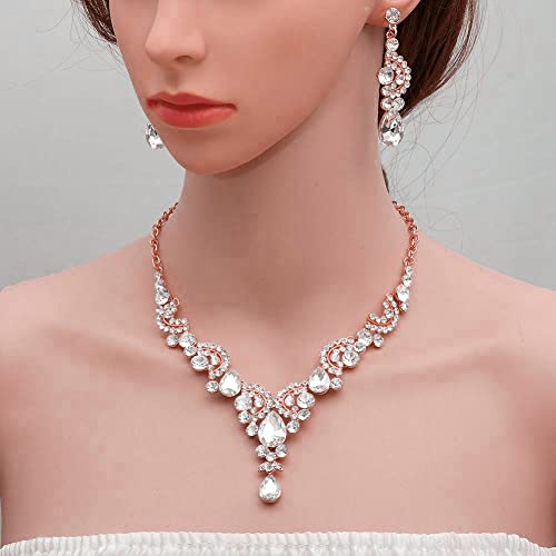 CSY Elegant Crystal Necklace Earrings Bracelet Ring Bridal Wedding Party Costume Jewelry Sets for Brides Women (white crystal - rose gold tone) by CSY - Used condition - Image 3