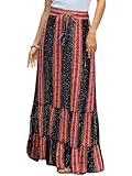 LIAMERHE Falda Larga Mujer Verano Boho Chic Falda Maxi de Cintura Alta Elástica Faldas Línea A Fluidas con Volantes Estampado Floral Estilo Gypsy Playa Vacaciones Vestidos de Playa