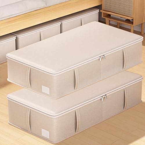 Vixplorn ベッド下収納 ２個セット 大容量 収納ケース 布団収納袋 衣類収納袋 折りたたみ可能 省スペース 繰り返す利用可能 カビ ダニ対策 防塵 防湿 ハンドル付きで移動も簡単 無臭 洗える 布団/毛布/衣類/ぬいぐる/靴の収納に適用 50*40*15cm (ベージュ)