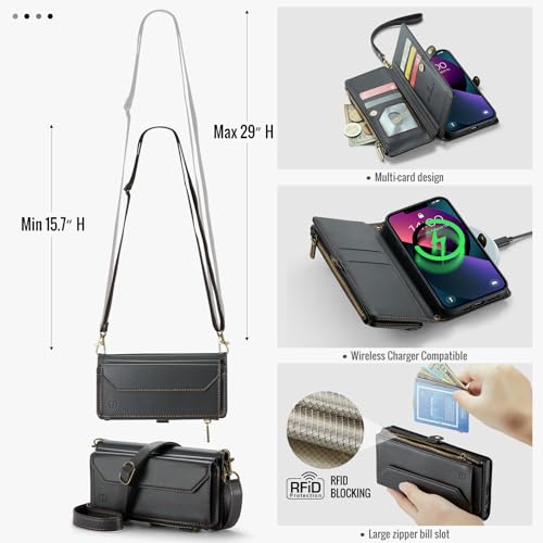 Strapurs Wallet Case Compatible with iPhone 13 RFID Blocking 7-Card Holder Soft PU Leather Magnetic Snap Shoulder Strap Zipper Pocket Phone Case Fit for iPhone 13 for Women 6.1" - Black by Strapurs - Image 8