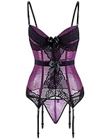 SxyBox Sexy Corsé de Encajes con Liguero para Mujer Vintage Bustier Conjuntos de Lencería Erótica Babydoll Ropa Interior con G-String,Morado