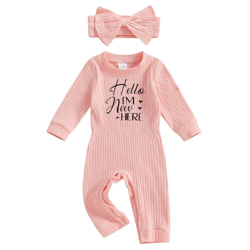 Image of Winioder Newborn Baby Girl Fall Clothes Ribbed Long Sleeve Romper Jumpsuit with Headband Infant 2Pcs Coming Home Outfit