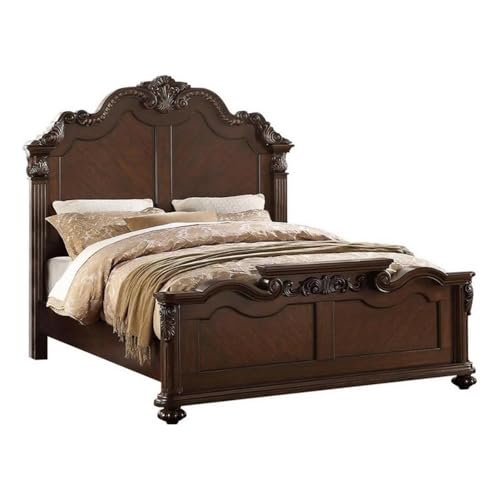 Pemberly Row Victorian Style Eastern King Wooden Bed, Dark Walnut Veneer Finish, Floral Carved Accents, 52-in Tall Camelback Headboard, Pine MDF Cherry Frame, Elegant Traditional Bedroom Furniture