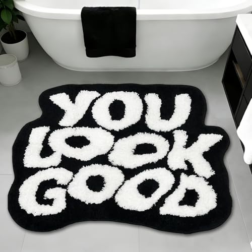 PASUXI You Look Good Bath Mat Cute Bath Rug for Bathroom Non-Slip Cool Rugs for Bedroom Soft and Stylish Bathroom Mats House Warming Gifts New Home (Black and White 21 x 29)