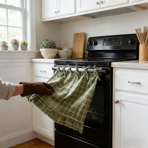 Jeeeun Farmhouse Stove Oven Skirt Curtain Cotton Blend Lace Ruffle Oven Cover Curtain with 8 Ribbon Ties for Cottage Kitchen Decor (Green) – vue 6