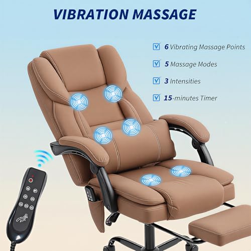 Image of HOMCOM Massage Office Chair with Foot Rest and 6 Points Vibration, Executive Office Desk Chair with Scratch-Resistant Faux Leather, Reclining Back, Comfy Lumbar Support, Remote, Brown