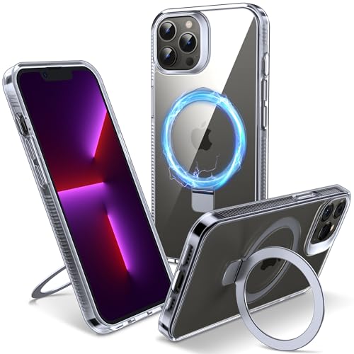 Flyzoo Cover Magnetica per iPhone 13 Pro Max con Supporto Stand ad Anello, [Protezione Antilngiallimento & Antiurto] Custodia Trasparente Posteriore Hard PC Case con Silicone Bordo, 6.7'', Clear