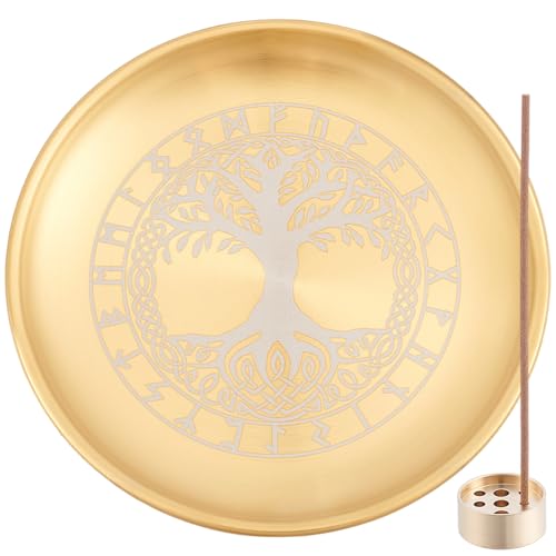 Image of CREATCABIN Altar Ritual Plate Incense Burner Tray with 9 Holes Stand Base Incense Holder Tree of Life Golden Flat Round Tray Prayer Dish Offering Bowl for Sticks Jewelry Meditation Witch 5.5Inch
