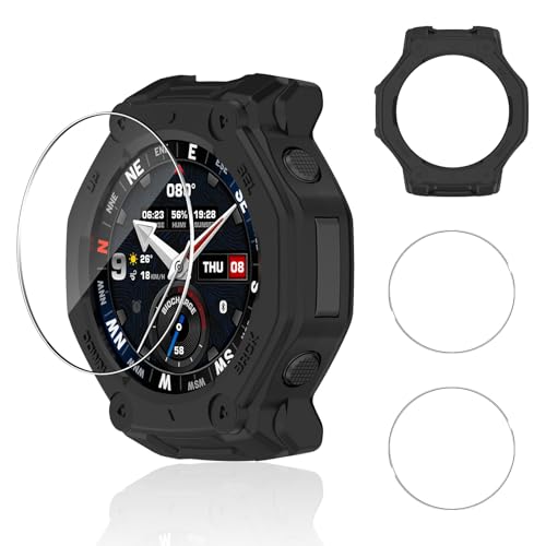 Aerku Silikon Hülle Mit Displayschutzfolie Kompatibel mit Amazfit T-Rex 3 Pro 48MM Folie, 9H Härte Schutzfolie für Panzerglas*2+Schwarz Vollschutz Kratzfest Schutzhülle Schutz Case*1