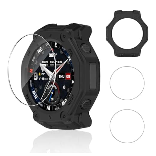 Aerku Silikon Hülle Mit Displayschutzfolie Kompatibel mit Amazfit T-Rex 3 Pro 48MM Folie, 9H Härte Schutzfolie für Panzerglas*2+Schwarz Vollschutz Kratzfest Schutzhülle Schutz Case*1