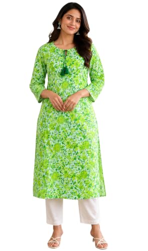 Image of Women's Cotton Floral Printed V-Neck A-Line Kurta /Regular Fit Kurti-3 /4 Sleeve