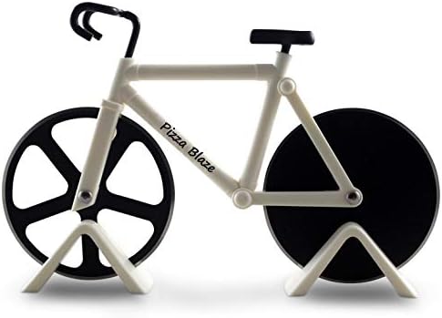 Pizza Blaze bike, Bicycle shape Pizza Cutter / Slicer - 2 Stands - Dual Stainless Steel Wheel Blades - A Sporty and Awesome Kitchen Gift (White)