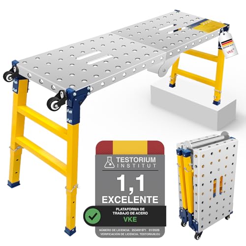 Vke Plataforma De Trabajo 120 36 90 Cm De Chapa Galvanizada, 500 Kg De Capacidad De Carga, Andamio Portátil, Escalera Andamio Plegable Con 4 Ruedas Universales, Regulable En Altura