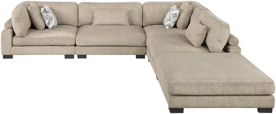 Pemberly Row Microfiber 5-Piece Modular Sectional with Ottoman, 45 x 45 in Corner Chair, Brown Textured Upholstery, Adjustable Armrests, Reversible Cushions, Contemporary Living Room Furniture, 300