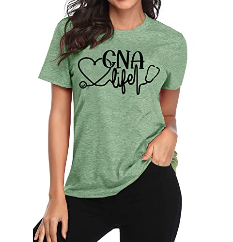 TSIIUO Women's CNA Life T-Shirt Cute Graphic Nurse Life Tees Funny Nursing School Gifts Short Sleeve Casual Tops Green S