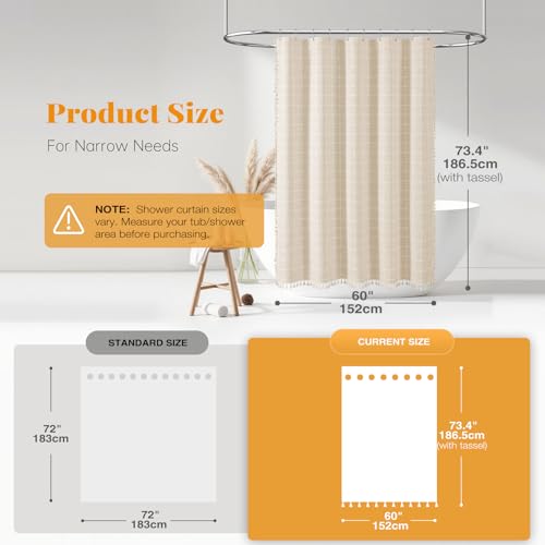 Image of BTTN 60 Inch Stall Shower Curtain - Boho Farmhouse Linen Weighted Fabric Shower Curtain Set with 10 Plastic Hooks, Narrow Bohemian Country Decorative Shower Curtains for Bathroom - 60x72 - Cream /Beige