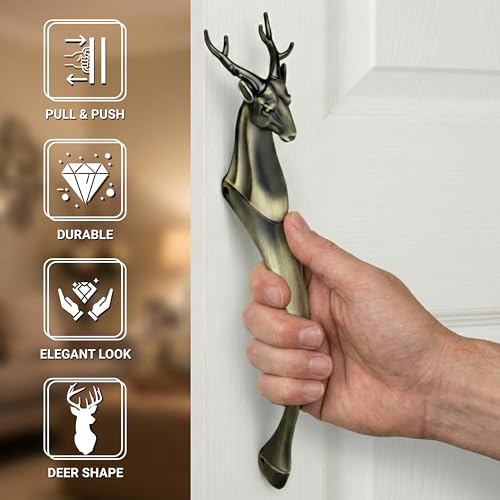 Image of GLOXY Premium Antique 12 inch Classic Vintage Deer Shaped Main Door Handle with 8 inch Hole-to-Hole Spacing - Decorative Push & Pull Aluminium Wooden & Glass Door Handle for Home, Office & Villa - Pack of 1