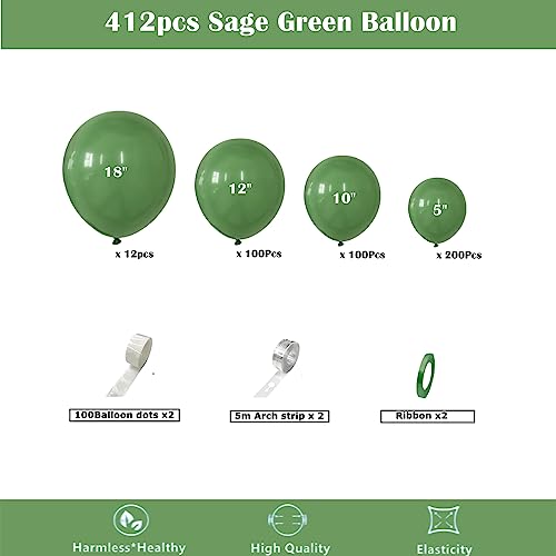 Image of 412pcs Sage Green Balloon Garland Arch Kit 18 12 10 5 Inch Different Sizes Matte Latex Olive Balloons for Baby Shower Birthday Wedding Jungle Dinosaur Summer Theme Party Decoration