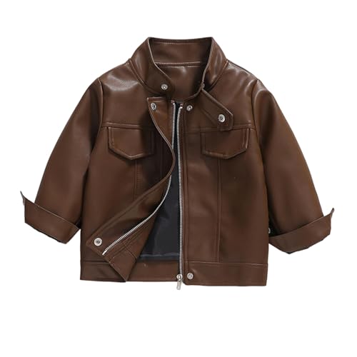 Image of Boys Girls Faux Leather Jacket For Kids Pu Leather Motorcycle Jackets Slim Coats Children'S Biker Outerwear Solid Color Zipper Coat Stand Collar Windproof Bomber Coat With Pockets Age 3-4 Years