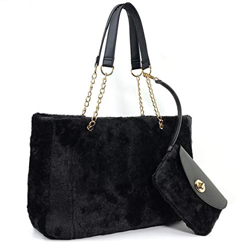 Fur Carryall Tote Bag With Wristlet Clutch Women Chain Shoulder Handbag (Black) Large #TOP1