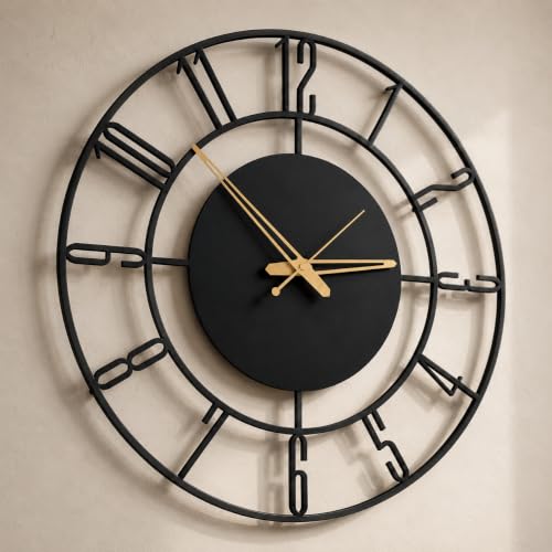 Image of 40 cm Metal Wall Clock, Black, Silent Non-Ticking | Silent Non-Ticking, Skeleton Design, Modern Iron Analog, Design-2