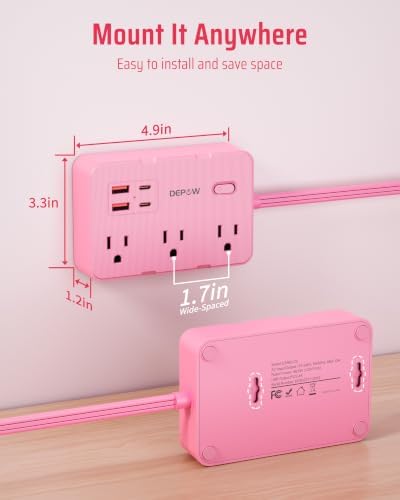 DEPOW Pink Flat Plug Power Strip, 5Ft Extension Cord with 6 Outlets 4 USB — view 6