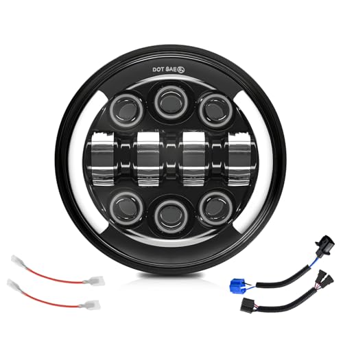 MONDEVIEW Optique Moto Full LED Chromé Phare Rond de 5 3/4 Phare LED Cree 55W 20000LM 6000K+4300K Feux de Route Croisement Lenticulaire 9-30V HI LO Beam DRL Scooter Avec Câble H4-H13