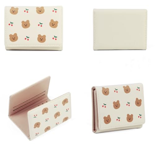 Image of INOVERA (LABEL) Small Tri-Fold Wallet for Women, Girls - Faux Leather Cash, Coin, Card Holder Wallets - Cute Bear and Cherry Print Mini Hand Purse (White)
