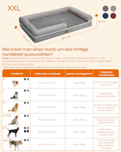 Feandrea Orthopädisches Hundebett, Hundekissen, Hundekorb, weiche Polsterung, Hundesofa, erhöhte Ränder, Bezug abnehmbar und waschbar, 120 x 85 x 18 cm, rutschfeste Unterseite, hellgrau PGW078G02V1