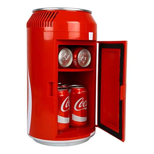 Coca-Cola 8 Can Portable Mini Fridge w/ 12V DC and 110V AC Cords, 5.4L (5.7 qt) Can Shaped Personal Cooler, Red, Travel Fridge for Drinks, Snacks, Lunch, Home, Office, Dorm Room, RV