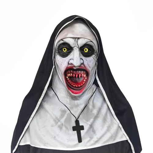 DONGSZQ Masque Nonne Halloween Effrayant, Masques en Latex Effrayants avec Foulard Collier, Masque Nonne Horreur Réaliste Latex, Masque de Nonne pour Halloween Carnaval Déguisement Costume Cosplay