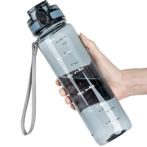 OLDLEY 1L/32oz Sports Water Bottle, 1000ml Motivational Water Bottles with Time Markings Drinks Bottle Leak Proof & Lock Cover & No Straw, Tritan BPA Free for Women Men Gym School Cycling Hiking